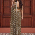 Gracefull Olive Green Net Embroidered Saree Sequins Work for Wedding