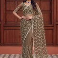 Gracefull Olive Green Net Embroidered Saree Sequins Work for Wedding