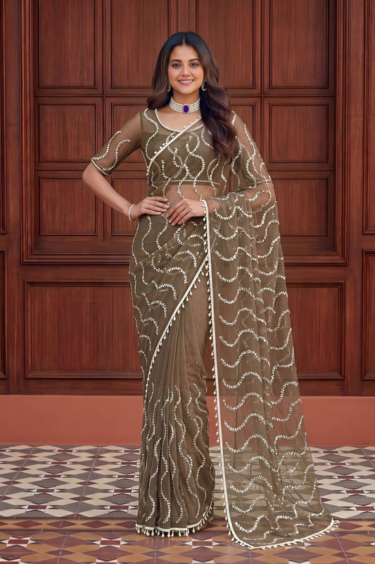 Gracefull Olive Green Net Embroidered Saree Sequins Work for Wedding