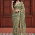 Stylish Pista Green Net Embroidered Saree with Sequins Work for Wedding