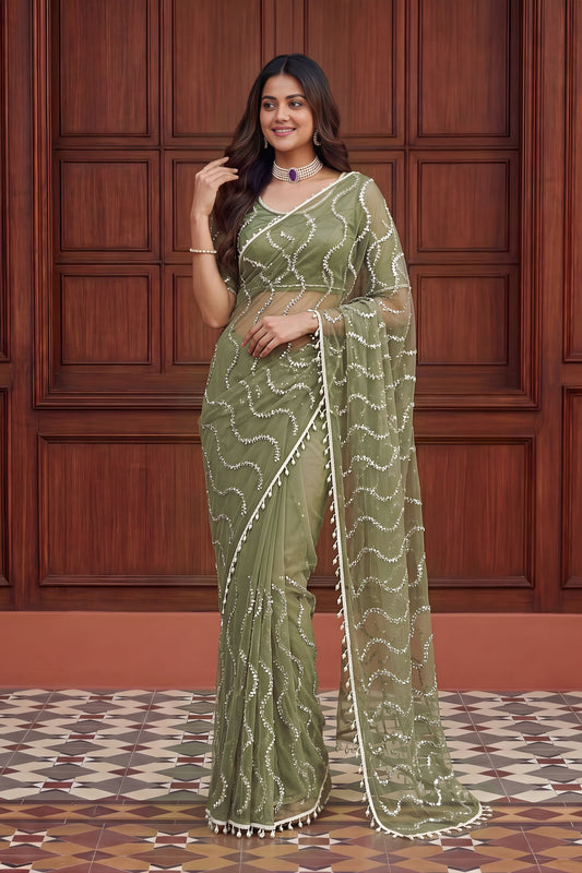Stylish Pista Green Net Embroidered Saree with Sequins Work for Wedding