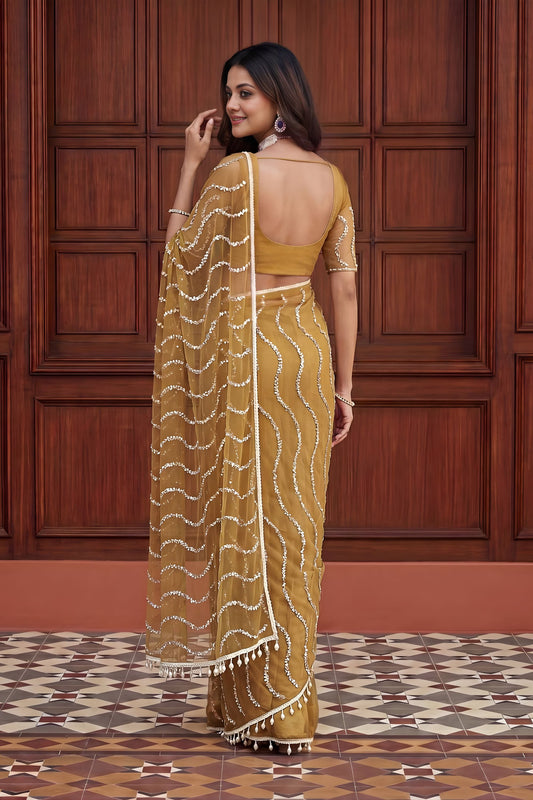 Stylish Mustard Yellow Net Embroidered Saree with Sequins Work for Wedding