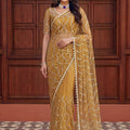 Stylish Mustard Yellow Net Embroidered Saree with Sequins Work for Wedding