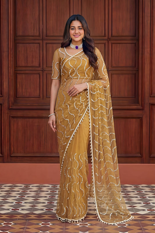 Stylish Mustard Yellow Net Embroidered Saree with Sequins Work for Wedding