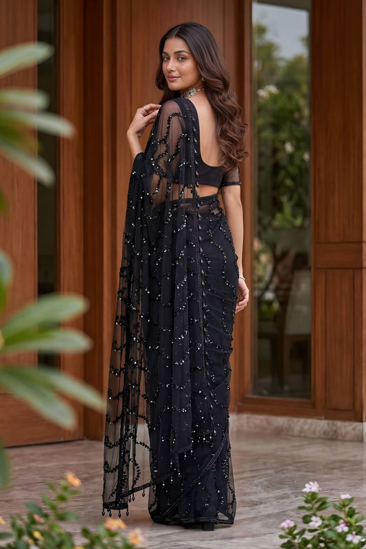 Luxury Black Net Embroidered Saree Sequins Work for Wedding