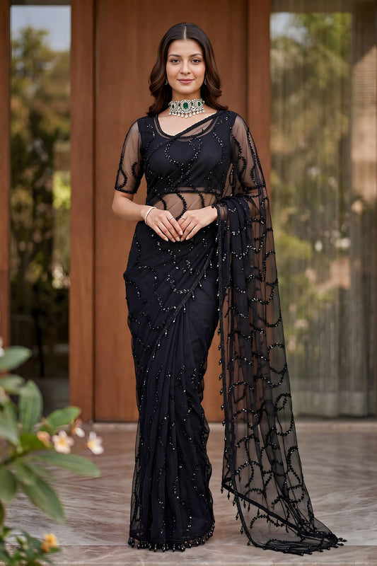 Luxury Black Net Embroidered Saree Sequins Work for Wedding