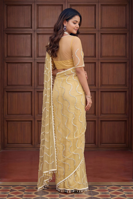 Gracefull Cream Net Embroidered Saree with Sequins Work for Wedding