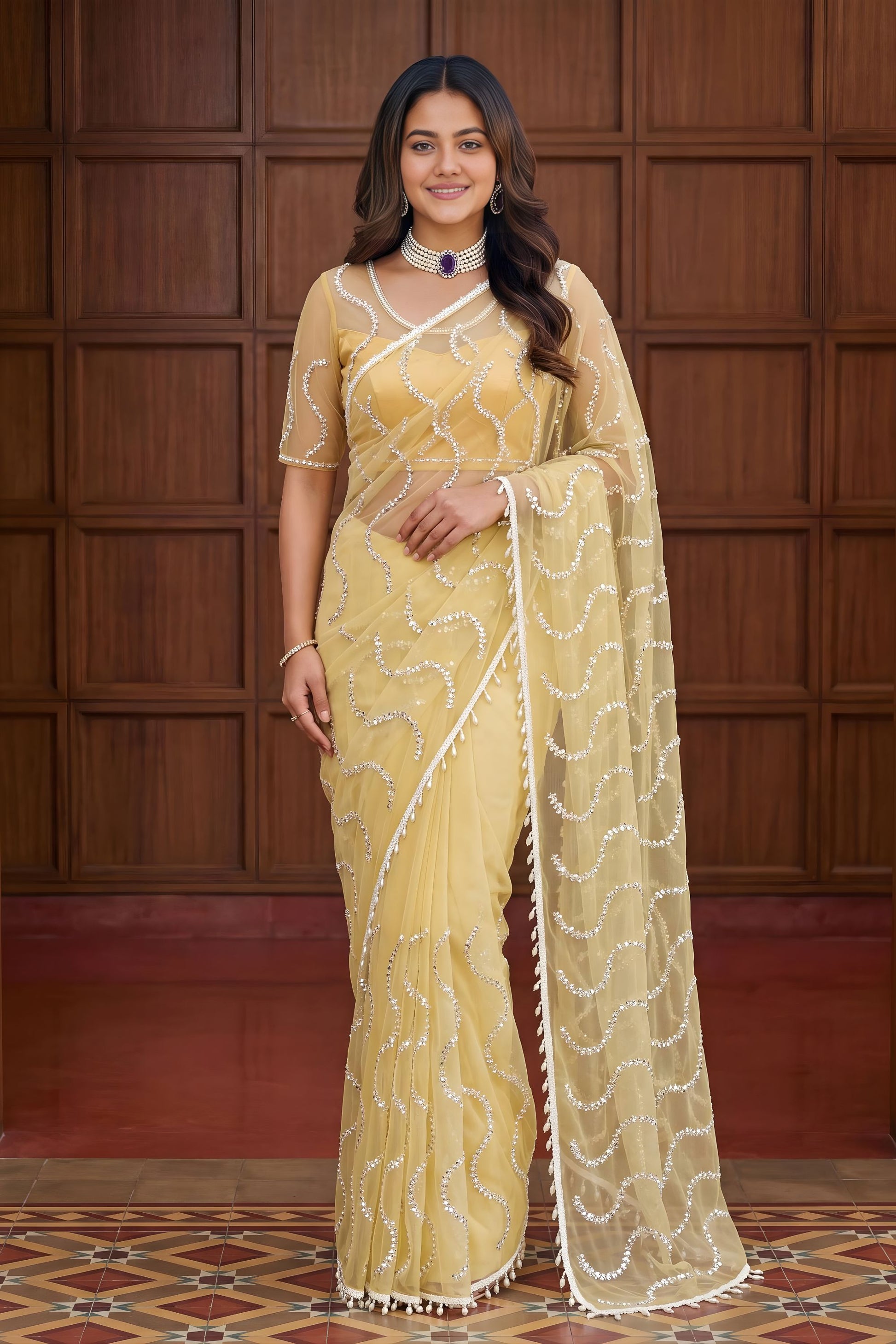 Gracefull Cream Net Embroidered Saree with Sequins Work for Wedding