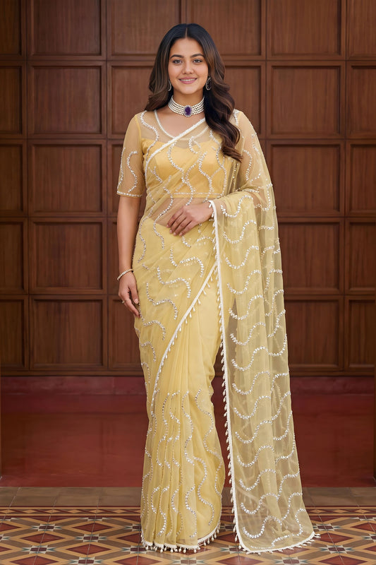 Gracefull Cream Net Embroidered Saree with Sequins Work for Wedding