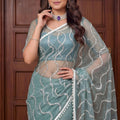 Premium Sea Green Net Embroidered Saree with Sequins Work for Wedding