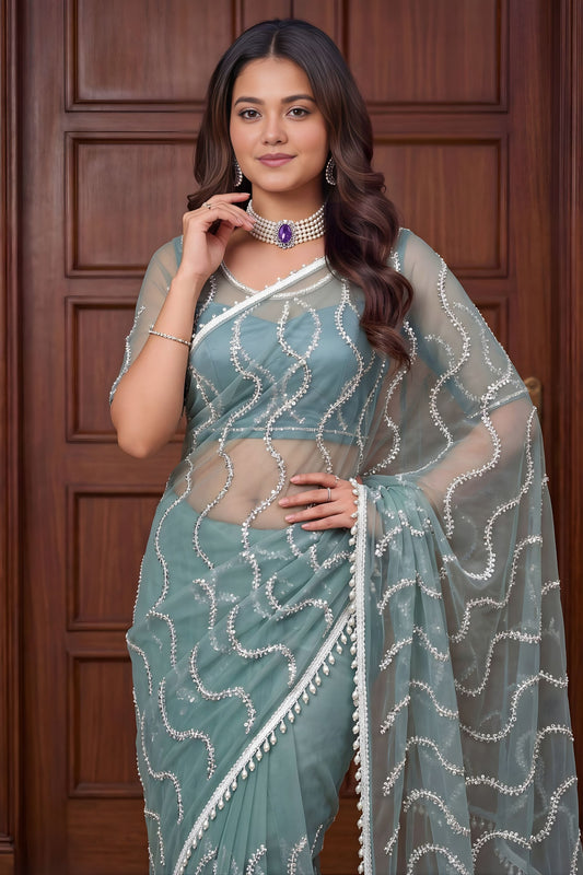 Premium Sea Green Net Embroidered Saree with Sequins Work for Wedding