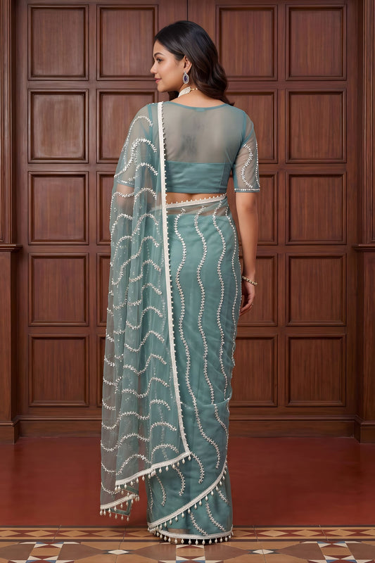 Premium Sea Green Net Embroidered Saree with Sequins Work for Wedding