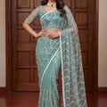 Premium Sea Green Net Embroidered Saree with Sequins Work for Wedding