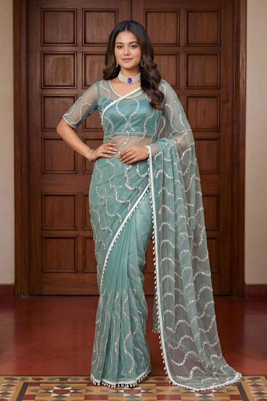 Premium Sea Green Net Embroidered Saree with Sequins Work for Wedding