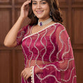 Beautiful Rani Pink Net Embroidered Saree with Sequins Work for Wedding
