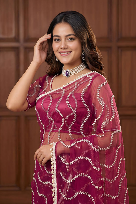 Beautiful Rani Pink Net Embroidered Saree with Sequins Work for Wedding