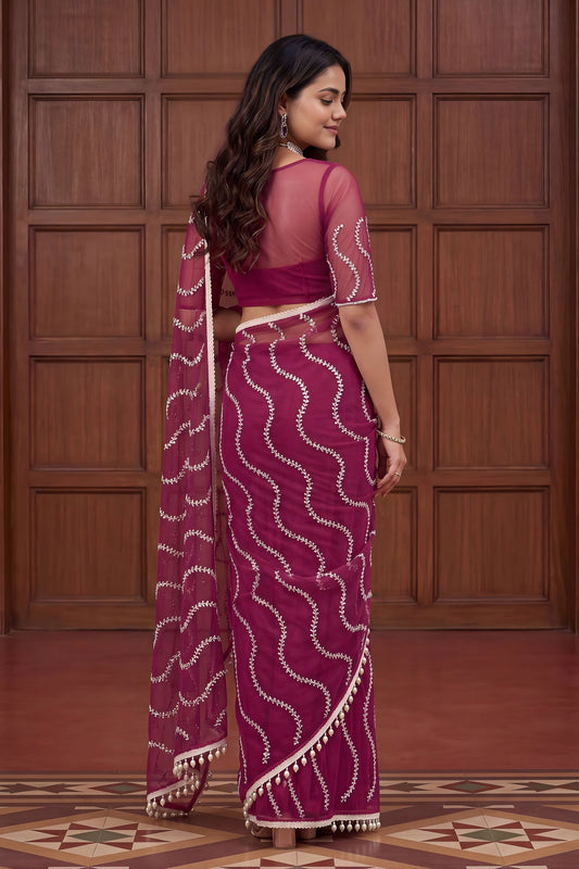 Beautiful Rani Pink Net Embroidered Saree with Sequins Work for Wedding
