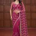 Beautiful Rani Pink Net Embroidered Saree with Sequins Work for Wedding