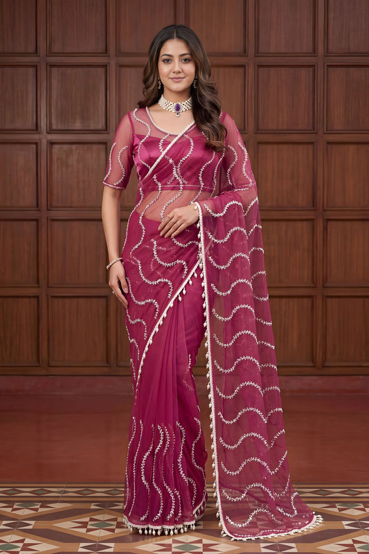 Beautiful Rani Pink Net Embroidered Saree with Sequins Work for Wedding