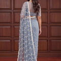 Elegant Grey Net Sequins Embroidered Saree with Border for Wedding