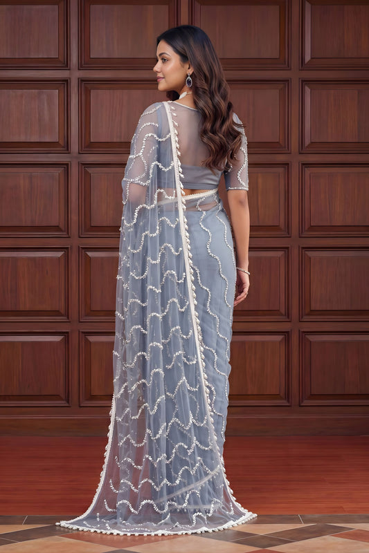 Elegant Grey Net Sequins Embroidered Saree with Border for Wedding
