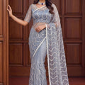 Elegant Grey Net Sequins Embroidered Saree with Border for Wedding