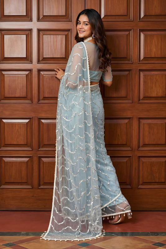 Royal Sky Blue Net Sequins Work Designer Saree for Wedding