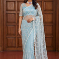 Royal Sky Blue Net Sequins Work Designer Saree for Wedding