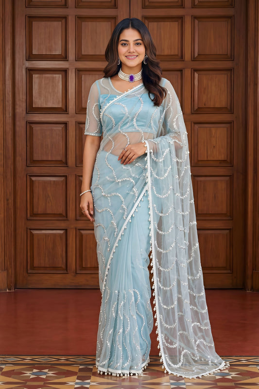 Royal Sky Blue Net Sequins Work Designer Saree for Wedding