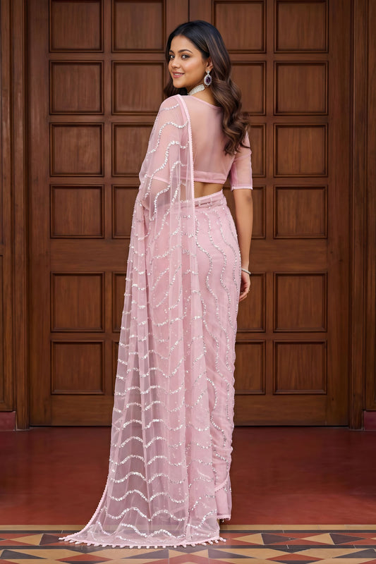 Beautiful Pink Net Sequins Work Saree Heavy Work Border for Wedding