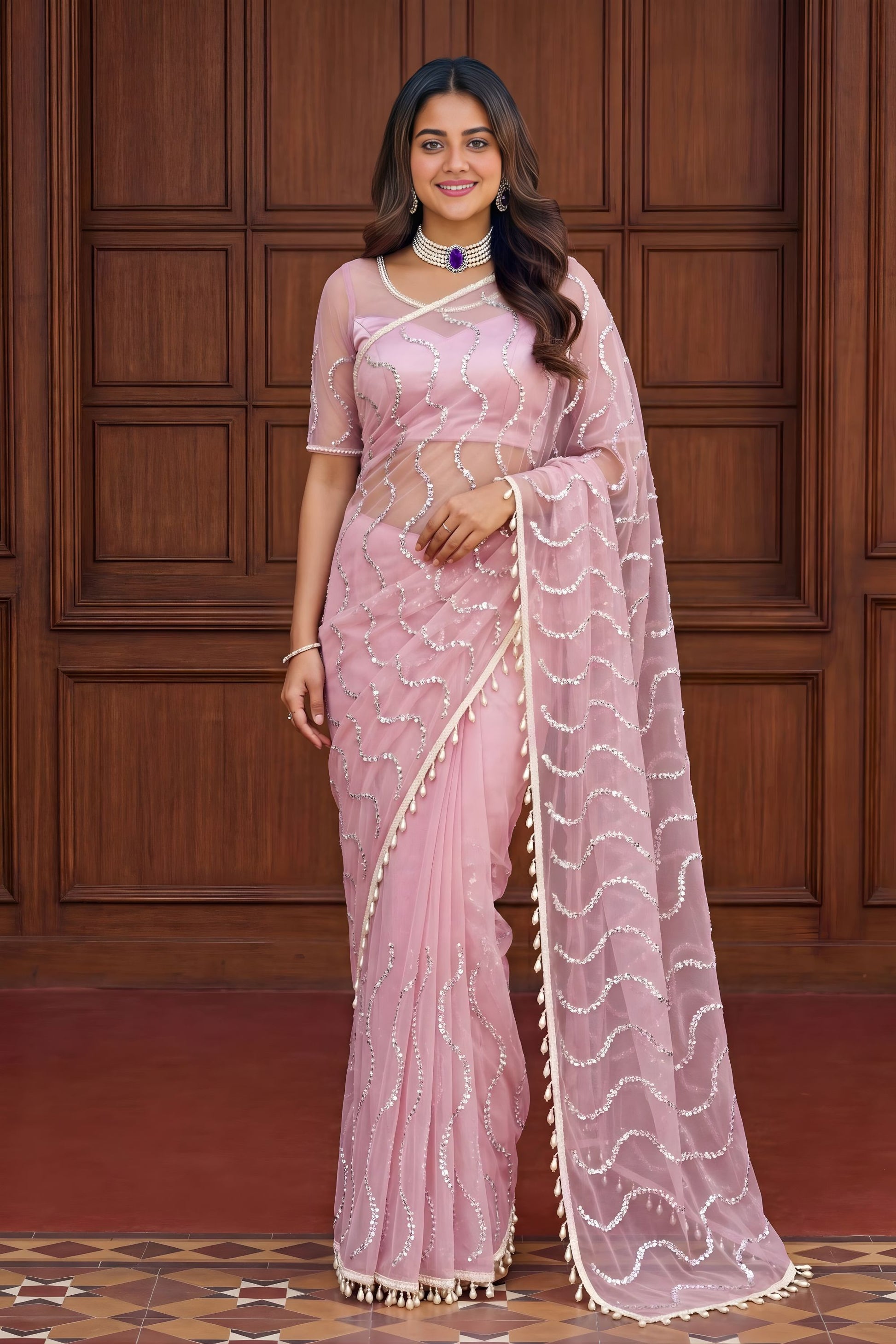 Beautiful Pink Net Sequins Work Saree Heavy Work Border for Wedding