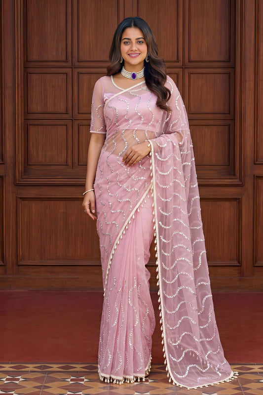 Beautiful Pink Net Sequins Work Saree Heavy Work Border for Wedding