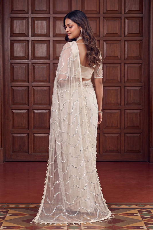 Off White Net Sequins Work Saree Heavy Work Border for Wedding