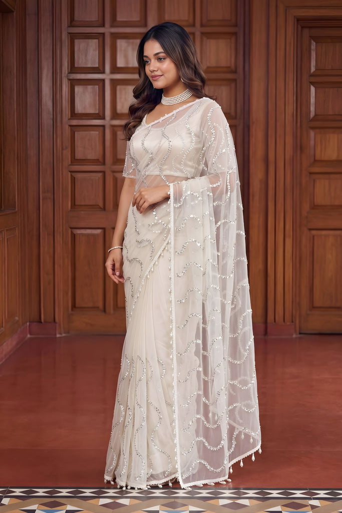 Off White Net Sequins Work Saree Heavy Work Border for Wedding