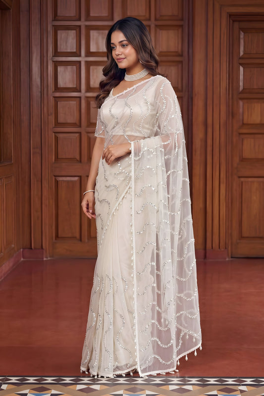 Off White Net Sequins Work Saree Heavy Work Border for Wedding