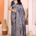 Elegant Steel Grey Pure Cotton Spun Jacquard Zari Weaving Saree for Wedding