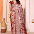 Beautiful Peach Pink Pure Cotton Spun Jacquard Zari Weaving Saree for Wedding