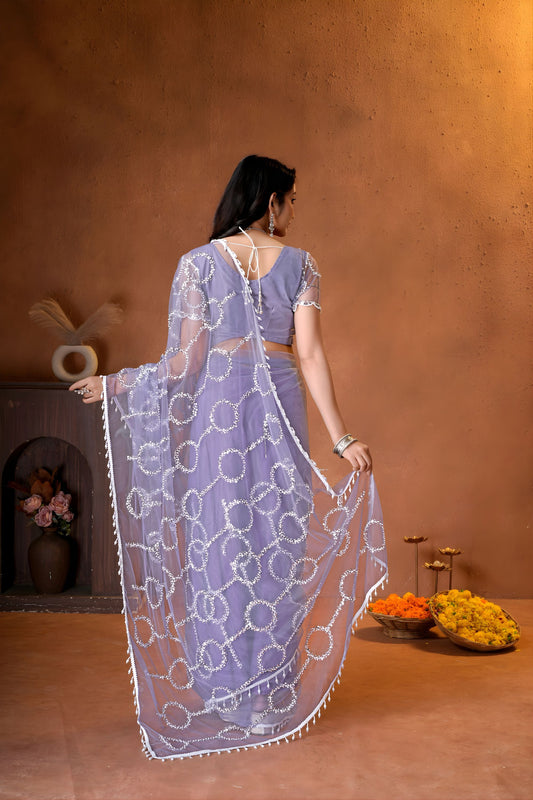 Stylish Lavender Net Saree Heavy Sequins Embroidery Work for Wedding
