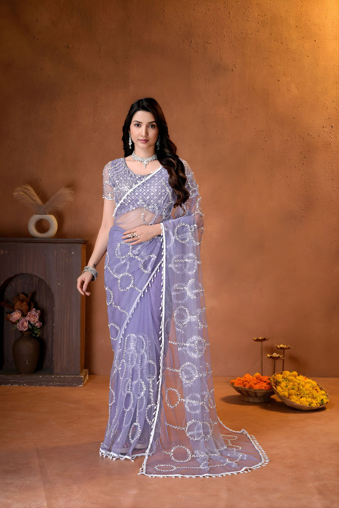 Stylish Lavender Net Saree Heavy Sequins Embroidery Work for Wedding