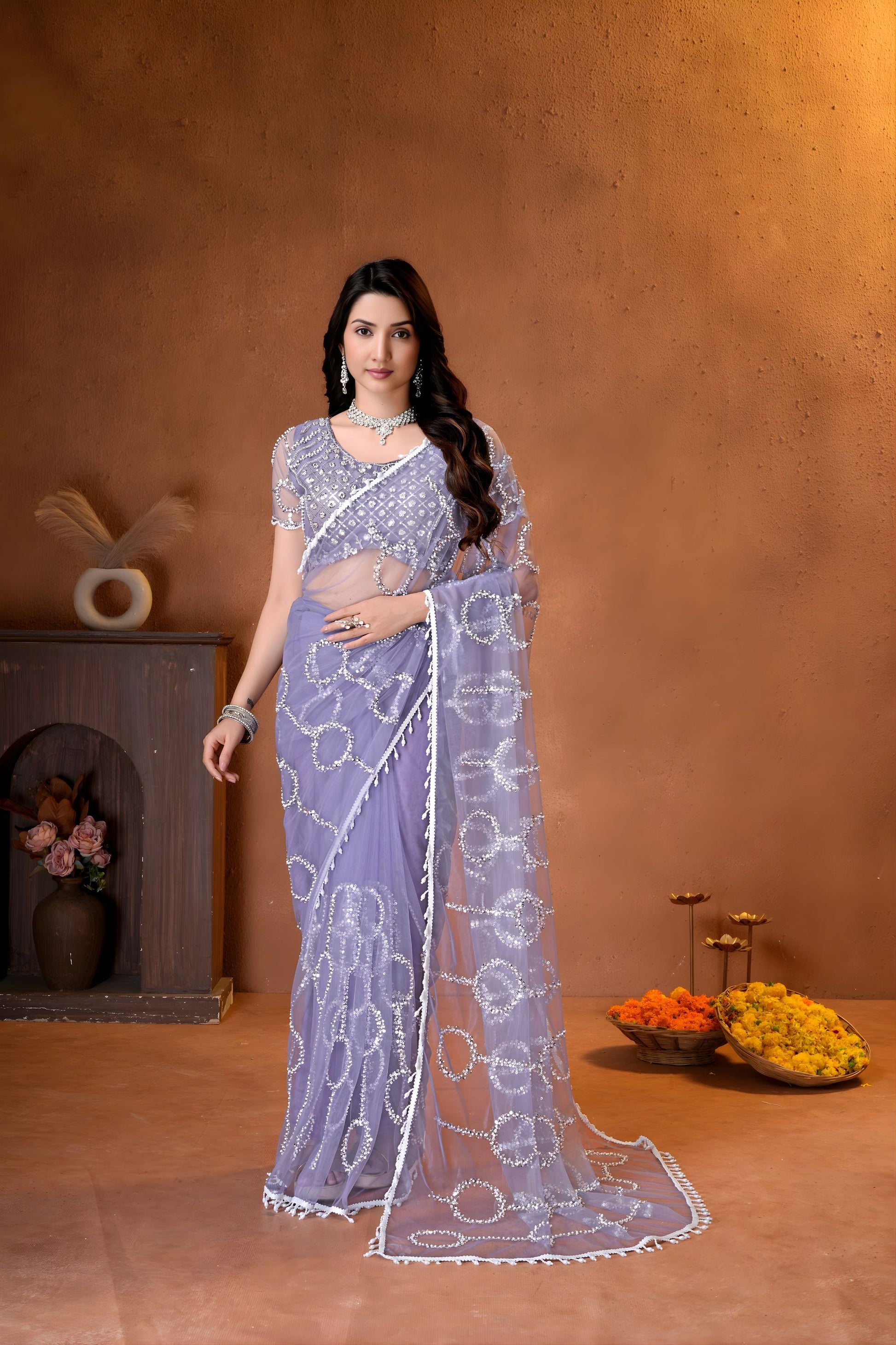 Stylish Lavender Net Saree Heavy Sequins Embroidery Work for Wedding