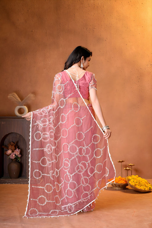 Beautiful Pink Net Saree with Embroidery Work for Wedding
