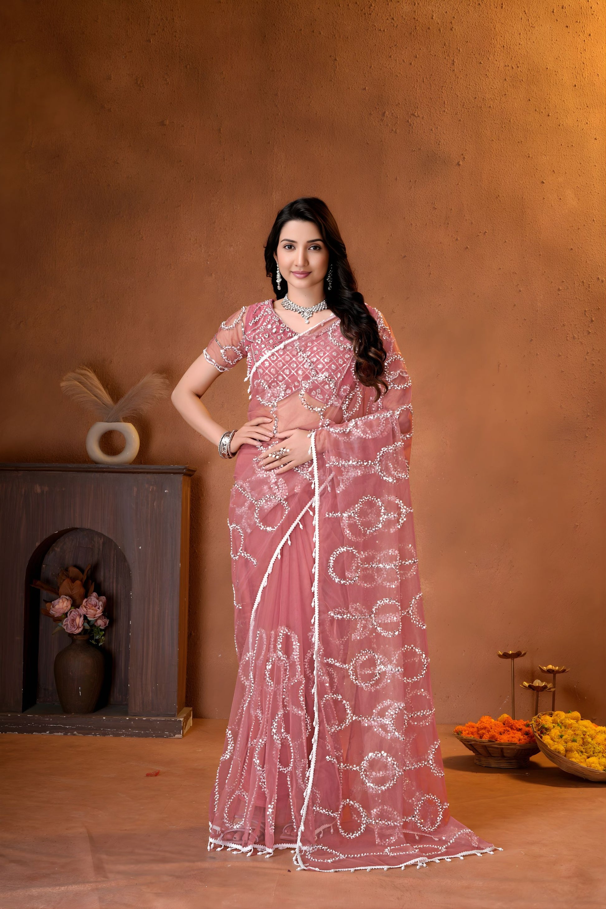 Beautiful Pink Net Saree with Embroidery Work for Wedding