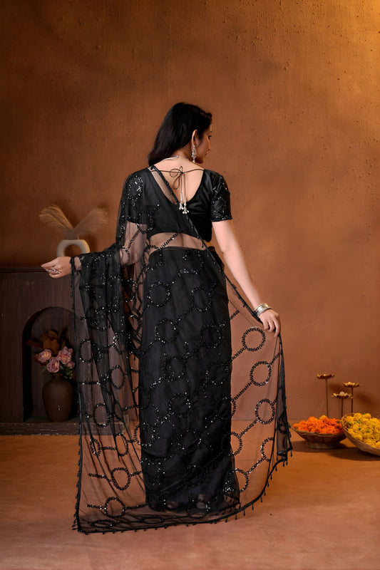 Elegant Black Net Saree with Embroidery Work for Wedding