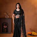 Elegant Black Net Saree with Embroidery Work for Wedding