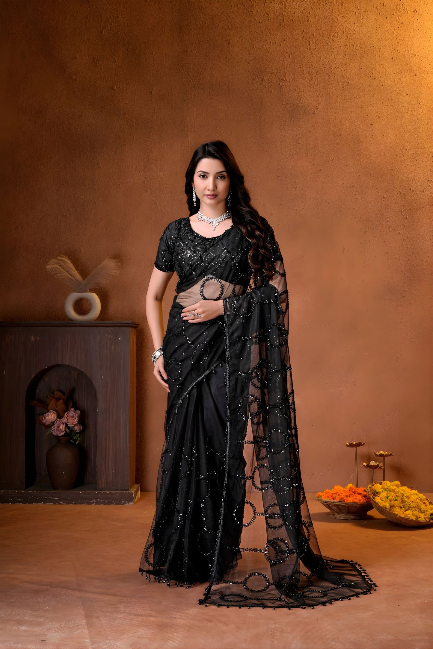 Elegant Black Net Saree with Embroidery Work for Wedding