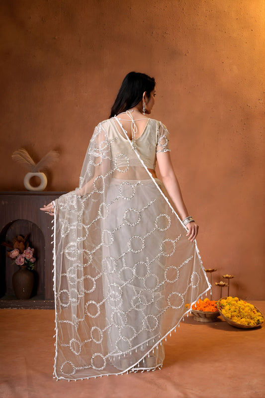 Premium Off White Net Saree with Embroidery Work for Wedding