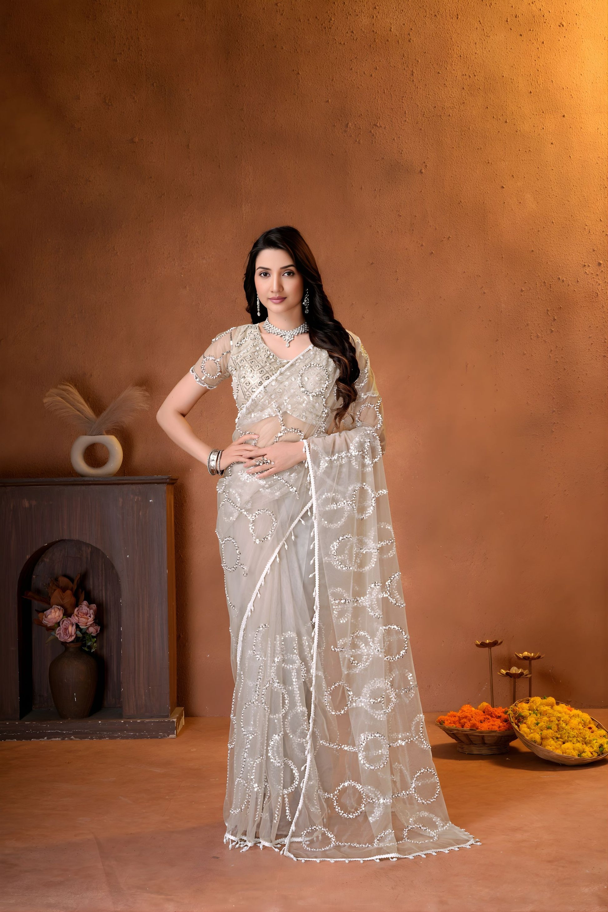 Premium Off White Net Saree with Embroidery Work for Wedding