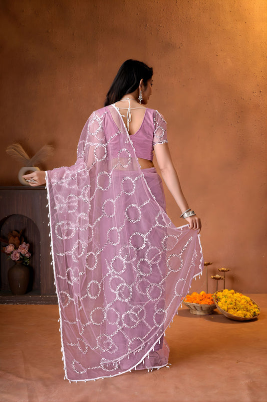 Gracefull Mauve Pink Net Saree Embroidery Work for Wedding
