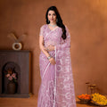 Gracefull Mauve Pink Net Saree Embroidery Work for Wedding