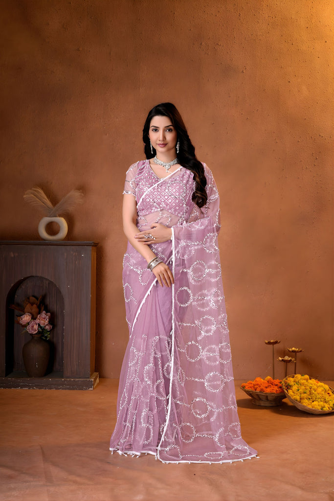 Gracefull Mauve Pink Net Saree Embroidery Work for Wedding